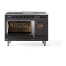 ILVE Nostalgie II 48 inch Propane Gas Range with 8 Sealed Burners, Griddle with Triple Glass Door in Graphite Matte with Burnished Trim