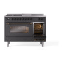 ILVE Nostalgie II 48 inch Propane Gas Range with 8 Sealed Burners, Griddle with Triple Glass Door in Graphite Matte with Burnished Trim