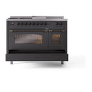 ILVE Nostalgie II 48 inch Propane Gas Range with 8 Sealed Burners, Griddle with Triple Glass Door in Graphite Matte with Burnished Trim