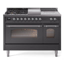 ILVE Nostalgie II 48 inch Propane Gas Range with 8 Sealed Burners, Griddle with Triple Glass Door in Graphite Matte with Chrome Trim