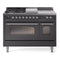 ILVE Nostalgie II 48 inch Propane Gas Range with 8 Sealed Burners, Griddle with Triple Glass Door in Graphite Matte with Chrome Trim