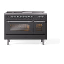 ILVE Nostalgie II 48 inch Propane Gas Range with 8 Sealed Burners, Griddle with Triple Glass Door in Graphite Matte with Chrome Trim