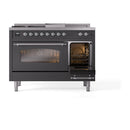 ILVE Nostalgie II 48 inch Propane Gas Range with 8 Sealed Burners, Griddle with Triple Glass Door in Graphite Matte with Chrome Trim