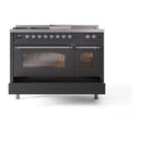 ILVE Nostalgie II 48 inch Propane Gas Range with 8 Sealed Burners, Griddle with Triple Glass Door in Graphite Matte with Chrome Trim