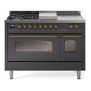 ILVE Nostalgie II 48 inch Propane Gas Range with 8 Sealed Burners, Griddle with Triple Glass Door in Graphite Matte with Brass Trim