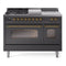 ILVE Nostalgie II 48 inch Propane Gas Range with 8 Sealed Burners, Griddle with Triple Glass Door in Graphite Matte with Brass Trim