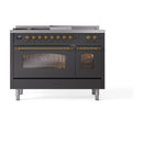 ILVE Nostalgie II 48 inch Propane Gas Range with 8 Sealed Burners, Griddle with Triple Glass Door in Graphite Matte with Brass Trim