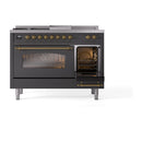 ILVE Nostalgie II 48 inch Propane Gas Range with 8 Sealed Burners, Griddle with Triple Glass Door in Graphite Matte with Brass Trim