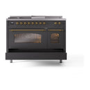 ILVE Nostalgie II 48 inch Propane Gas Range with 8 Sealed Burners, Griddle with Triple Glass Door in Graphite Matte with Brass Trim