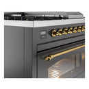 ILVE Nostalgie II 48 inch Propane Gas Range with 8 Sealed Burners, Griddle with Triple Glass Door in Graphite Matte with Brass Trim