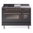 ILVE Nostalgie II 48-Inch  Propane Gas Dual Fuel Range  with 5 Burners, Griddle, & French Top with Triple Glass Door Oven in Matte Graphite with Copper Trim (UP48FSNMPMGP)