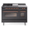ILVE Nostalgie II 48-Inch  Propane Gas Dual Fuel Range  with 5 Burners, Griddle, & French Top with Triple Glass Door Oven in Matte Graphite with Copper Trim (UP48FSNMPMGP)