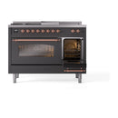 ILVE Nostalgie II 48-Inch  Propane Gas Dual Fuel Range  with 5 Burners, Griddle, & French Top with Triple Glass Door Oven in Matte Graphite with Copper Trim (UP48FSNMPMGP)