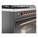 ILVE Nostalgie II 48-Inch  Propane Gas Dual Fuel Range  with 5 Burners, Griddle, & French Top with Triple Glass Door Oven in Matte Graphite with Copper Trim (UP48FSNMPMGP)