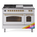 ILVE Nostalgie II 48 inch Propane Gas Range with 8 Sealed Burners, Griddle with Triple Glass Door in RAL with Brass Trim