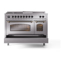 ILVE Nostalgie II 48 inch Propane Gas Range with 8 Sealed Burners, Griddle with Triple Glass Door in Stainless Steel with Burnished Trim