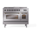 ILVE Nostalgie II 48 inch Propane Gas Range with 8 Sealed Burners, Griddle with Triple Glass Door in Stainless Steel with Burnished Trim