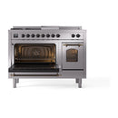 ILVE Nostalgie II 48-Inch Dual Fuel Range with 5 Burners, Griddle, & French Top with Triple Glass Door Oven in Stainless Steel with Bronze Trim (UP48FSNMPSSB)