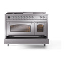 ILVE Nostalgie II 48-Inch Dual Fuel Range with 5 Burners, Griddle, & French Top with Triple Glass Door Oven in Stainless Steel with Chrome Trim (UP48FSNMPSSC)