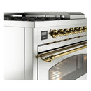ILVE Nostalgie II 48-Inch Dual Fuel Range with 5 Burners, Griddle, & French Top with Triple Glass Door Oven in Stainless Steel with Brass Trim (UP48FSNMPSSG)