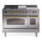 ILVE Nostalgie II 48-Inch  Propane Gas Dual Fuel Range  with 5 Burners, Griddle, & French Top with Triple Glass Door Oven in Stainless Steel with Brass Trim (UP48FSNMPSSG)