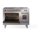 ILVE Nostalgie II 48-Inch  Propane Gas Dual Fuel Range  with 5 Burners, Griddle, & French Top with Triple Glass Door Oven in Stainless Steel with Brass Trim (UP48FSNMPSSG)