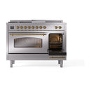 ILVE Nostalgie II 48-Inch  Propane Gas Dual Fuel Range  with 5 Burners, Griddle, & French Top with Triple Glass Door Oven in Stainless Steel with Brass Trim (UP48FSNMPSSG)