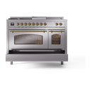 ILVE Nostalgie II 48-Inch Dual Fuel Range with 5 Burners, Griddle, & French Top with Triple Glass Door Oven in Stainless Steel with Brass Trim (UP48FSNMPSSG)