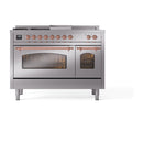 ILVE Nostalgie II 48-Inch  Propane Gas Dual Fuel Range  with 5 Burners, Griddle, & French Top with Triple Glass Door Oven in Stainless Steel with Copper Trim (UP48FSNMPSSP)