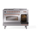 ILVE Nostalgie II 48-Inch Dual Fuel Range with 5 Burners, Griddle, & French Top with Triple Glass Door Oven in Stainless Steel with Copper Trim (UP48FSNMPSSP)