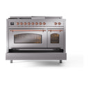 ILVE Nostalgie II 48-Inch  Propane Gas Dual Fuel Range  with 5 Burners, Griddle, & French Top with Triple Glass Door Oven in Stainless Steel with Copper Trim (UP48FSNMPSSP)