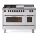 ILVE Nostalgie II 48-Inch  Propane Gas Dual Fuel Range  with 5 Burners, Griddle, & French Top with Triple Glass Door Oven in White with Bronze Trim (UP48FSNMPWHB)