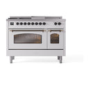 ILVE Nostalgie II 48-Inch Dual Fuel Range with 5 Burners, Griddle, & French Top with Triple Glass Door Oven in White with Bronze Trim (UP48FSNMPWHB)
