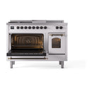 ILVE Nostalgie II 48-Inch Dual Fuel Range with 5 Burners, Griddle, & French Top with Triple Glass Door Oven in White with Bronze Trim (UP48FSNMPWHB)