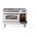ILVE Nostalgie II 48-Inch  Propane Gas Dual Fuel Range  with 5 Burners, Griddle, & French Top with Triple Glass Door Oven in White with Bronze Trim (UP48FSNMPWHB)