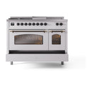 ILVE Nostalgie II 48-Inch Dual Fuel Range with 5 Burners, Griddle, & French Top with Triple Glass Door Oven in White with Bronze Trim (UP48FSNMPWHB)