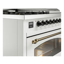 ILVE Nostalgie II 48-Inch Dual Fuel Range with 5 Burners, Griddle, & French Top with Triple Glass Door Oven in White with Bronze Trim (UP48FSNMPWHB)