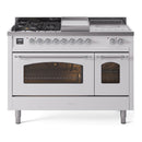 ILVE Nostalgie II 48-Inch  Propane Gas Dual Fuel Range  with 5 Burners, Griddle, & French Top with Triple Glass Door Oven in White with Chrome Trim (UP48FSNMPWHC)