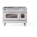 ILVE Nostalgie II 48-Inch  Propane Gas Dual Fuel Range  with 5 Burners, Griddle, & French Top with Triple Glass Door Oven in White with Chrome Trim (UP48FSNMPWHC)