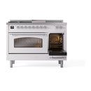 ILVE Nostalgie II 48-Inch  Propane Gas Dual Fuel Range  with 5 Burners, Griddle, & French Top with Triple Glass Door Oven in White with Chrome Trim (UP48FSNMPWHC)