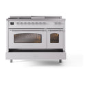 ILVE Nostalgie II 48-Inch  Propane Gas Dual Fuel Range  with 5 Burners, Griddle, & French Top with Triple Glass Door Oven in White with Chrome Trim (UP48FSNMPWHC)
