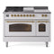 ILVE Nostalgie II 48 inch Propane Gas Range with 8 Sealed Burners, Griddle with Triple Glass Door in White with Brass Trim