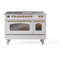 ILVE Nostalgie II 48 inch Propane Gas Range with 8 Sealed Burners, Griddle with Triple Glass Door in White with Brass Trim
