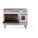 ILVE Nostalgie II 48 inch Propane Gas Range with 8 Sealed Burners, Griddle with Triple Glass Door in White with Brass Trim
