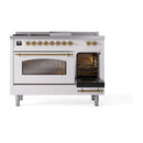 ILVE Nostalgie II 48 inch Propane Gas Range with 8 Sealed Burners, Griddle with Triple Glass Door in White with Brass Trim