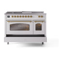 ILVE Nostalgie II 48-Inch Dual Fuel Range with 5 Burners, Griddle, & French Top with Triple Glass Door Oven in White with Brass Trim (UP48FSNMPWHG)