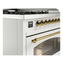 ILVE Nostalgie II 48 inch Propane Gas Range with 8 Sealed Burners, Griddle with Triple Glass Door in White with Brass Trim