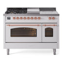 ILVE Nostalgie II 48-Inch Dual Fuel Range with 5 Burners, Griddle, & French Top with Triple Glass Door Oven in White with Copper Trim (UP48FSNMPWHP)