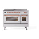 ILVE Nostalgie II 48-Inch  Propane Gas Dual Fuel Range  with 5 Burners, Griddle, & French Top with Triple Glass Door Oven in White with Copper Trim (UP48FSNMPWHP)