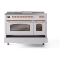 ILVE Nostalgie II 48-Inch Dual Fuel Range with 5 Burners, Griddle, & French Top with Triple Glass Door Oven in White with Copper Trim (UP48FSNMPWHP)